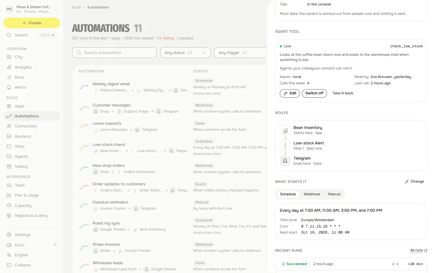 An automation open in the console, with its Agent tool card: Publish as a tool and what agents see.