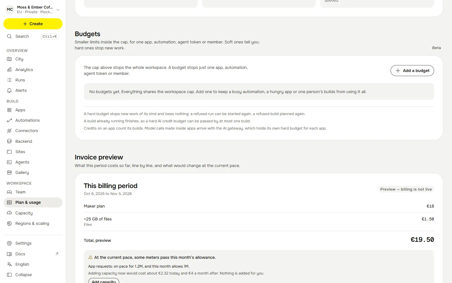 The Budgets section of Plan and usage, with the Add a budget button and the rule that a hard budget loses nothing.