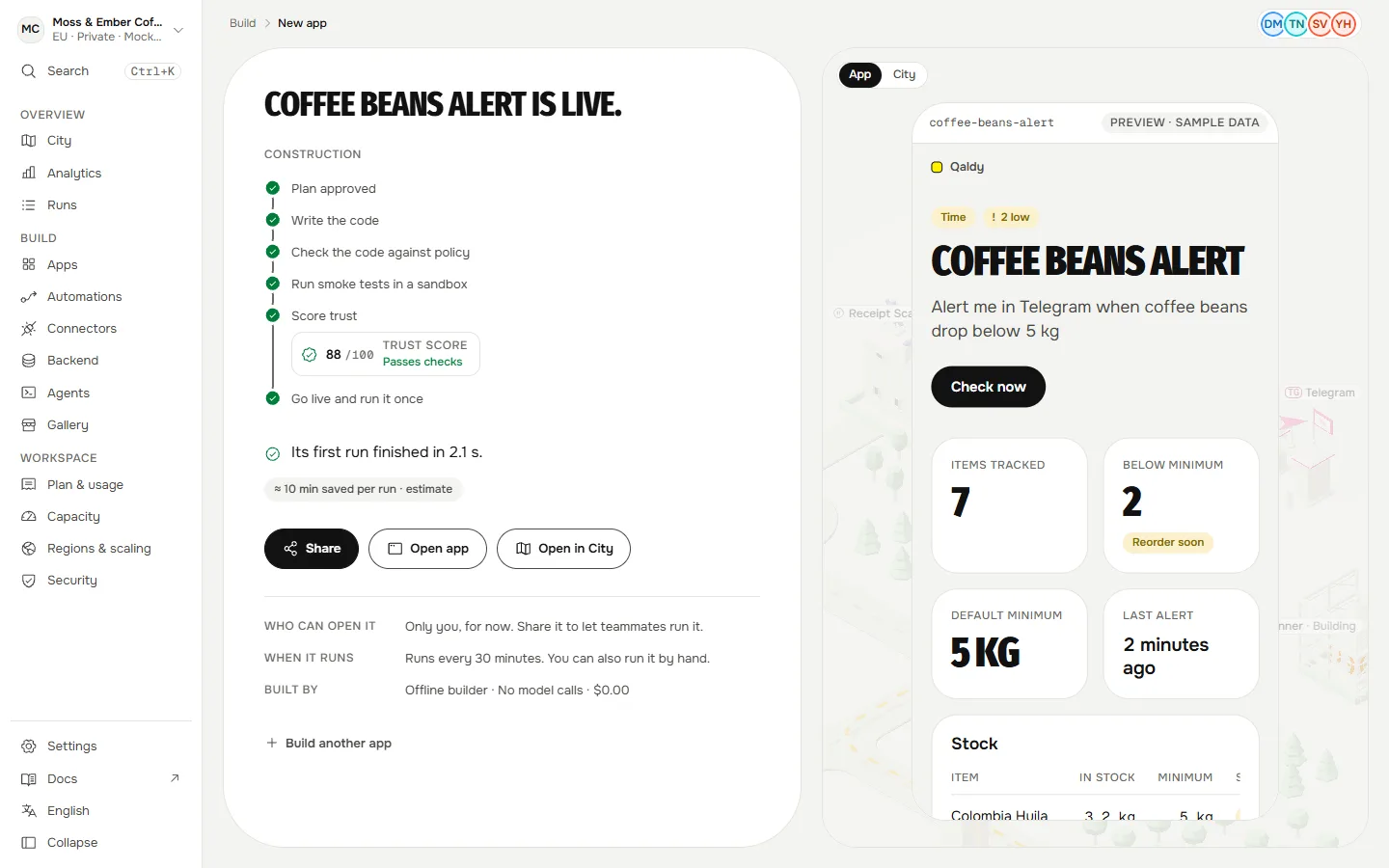 The finished build: the app is live, its first run finished, and a preview with sample data.