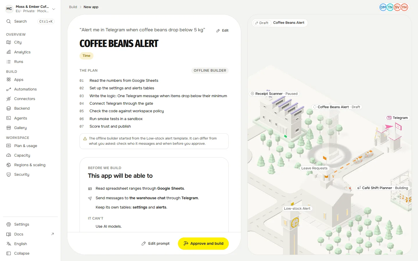 The plan for an app that watches coffee stock: its steps, what it will be able to do, what it can't, when it runs, who can open it and the time it saves.