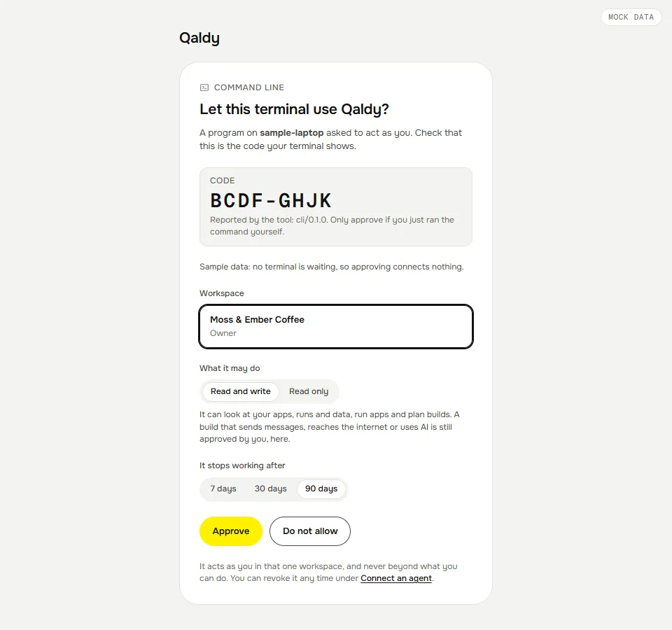 The console asks whether this terminal may use Qaldy: the code it shows, the workspace, read and write or read only, and how long the token lives.
