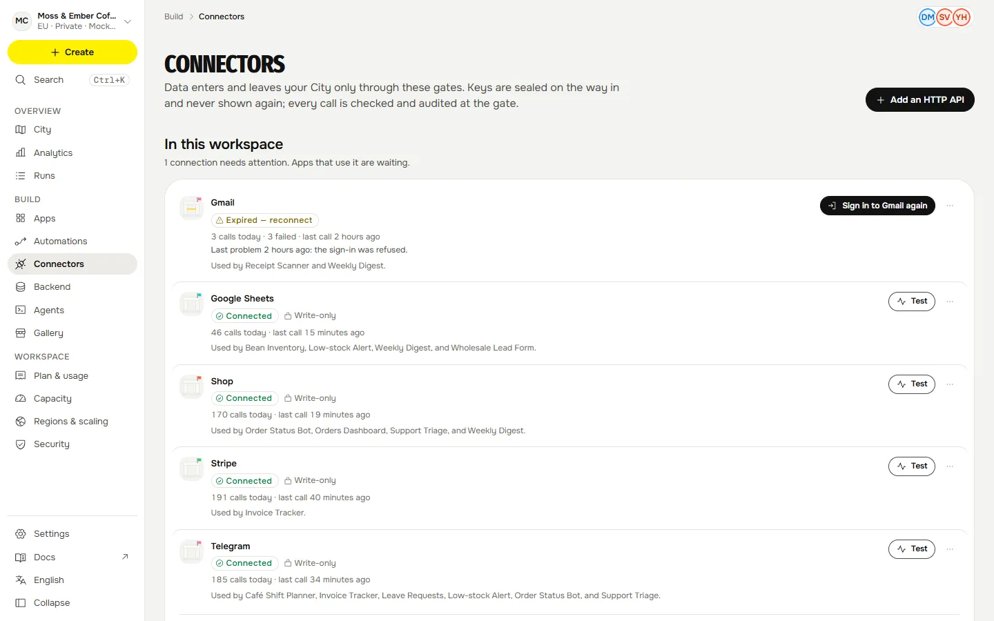The Connectors screen: a card per service with its status, and the connections already in the workspace with their health.