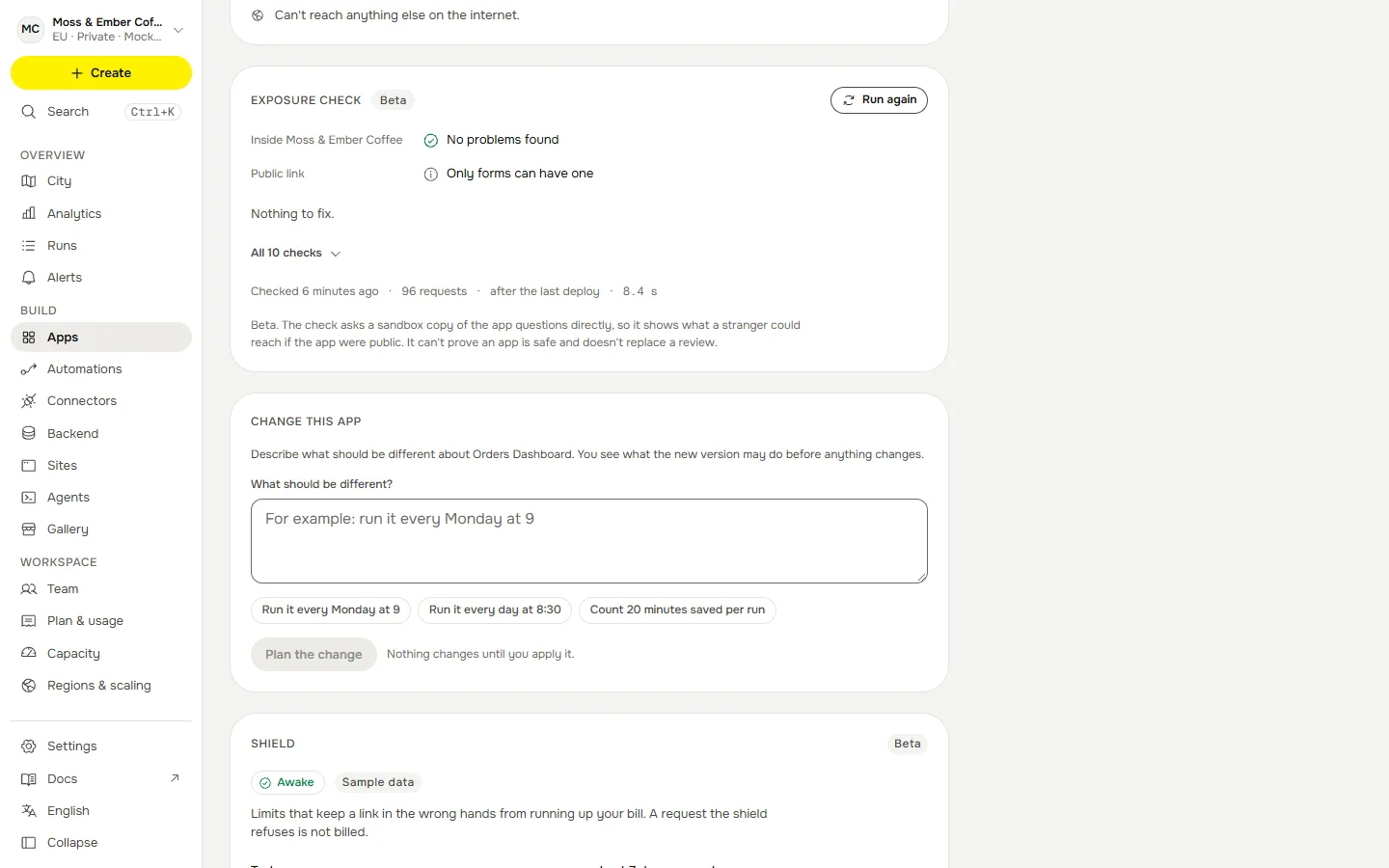 The Exposure check card on an app page: no problems found inside the workspace, public link needs a form, all ten checks, and when it ran.