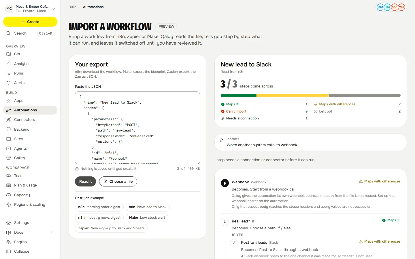 Import a workflow: the export on the left, and on the right a report that says step by step what maps, what needs a connection and what cannot be imported.