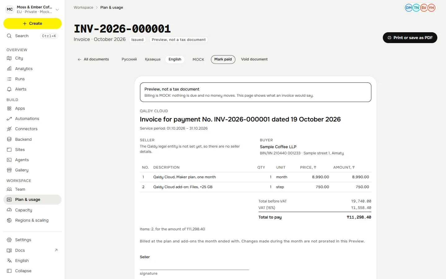 An invoice in tenge on the screen, marked as a preview and not a tax document, with a print button.