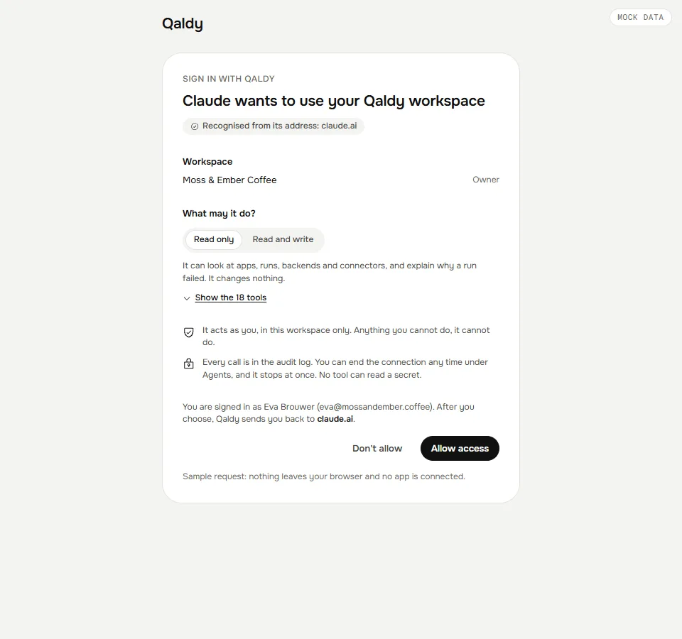 The Qaldy sign-in for a connector Claude started: recognised from its address, one workspace, read only or read and write, and what it may do.