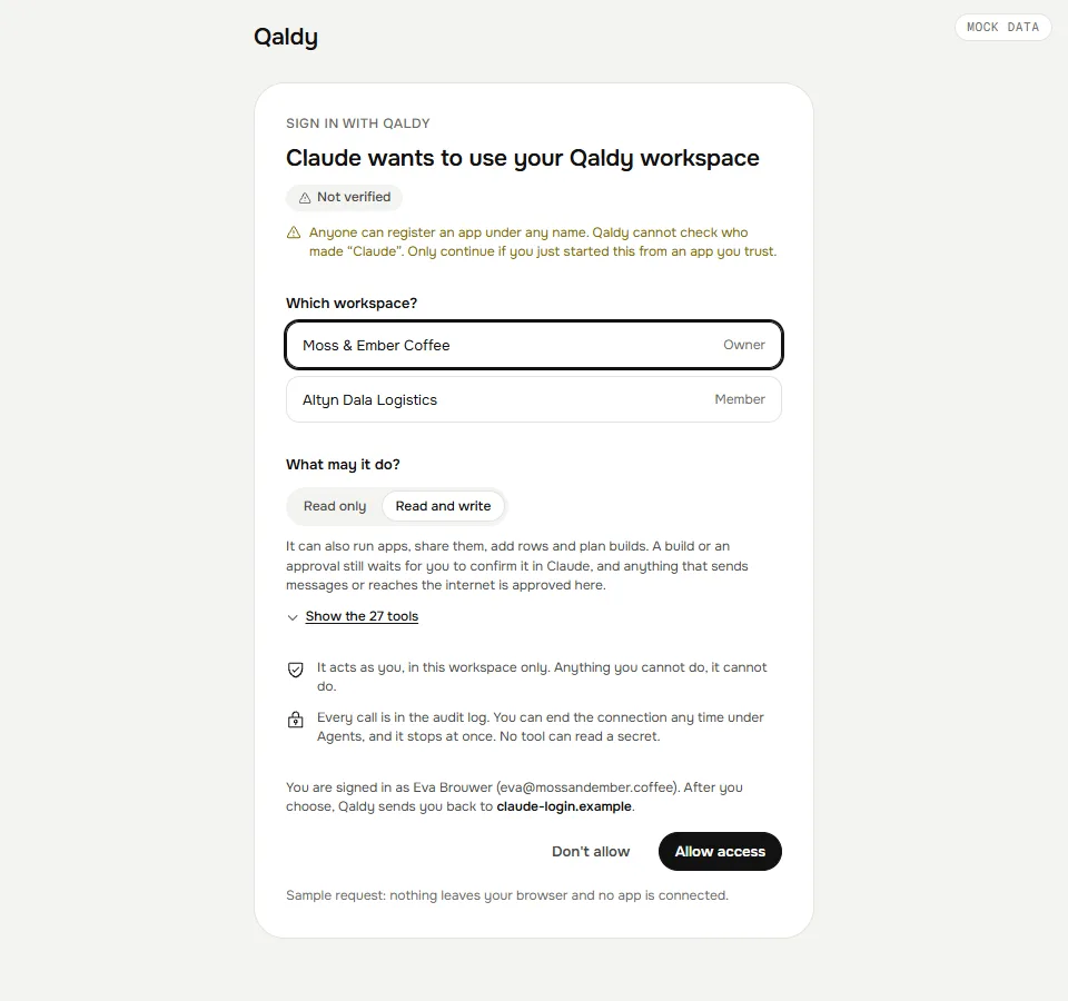 The same sign-in for an app Qaldy cannot verify: a Not verified label, a warning that anyone can register an app under any name, and a choice of workspace.