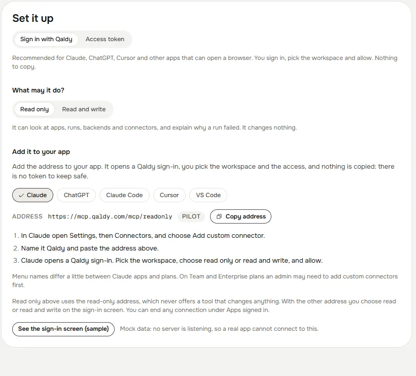 Qaldy's Connect an agent page, with Claude chosen: the steps for a custom connector and the address to paste.