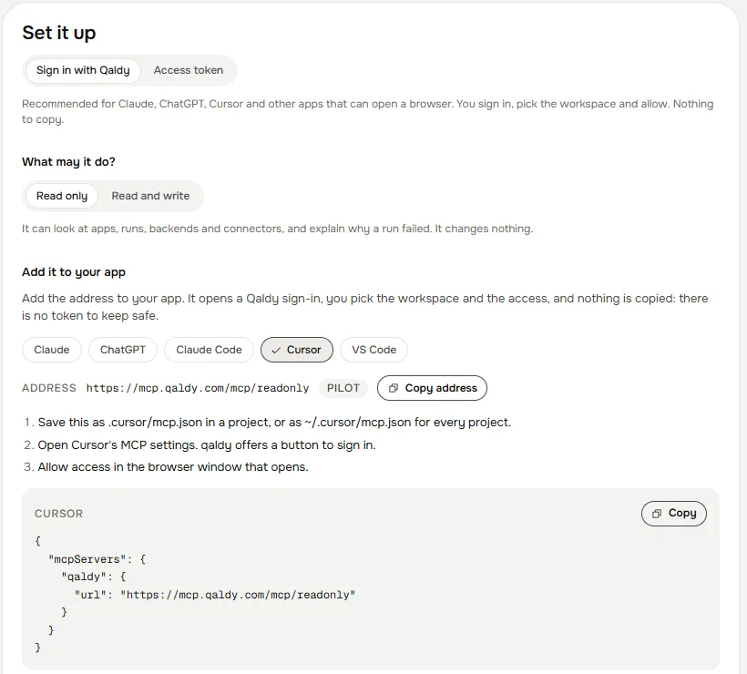 Qaldy's Connect an agent page, with Cursor chosen: the entry for mcp.json and the sign-in steps.