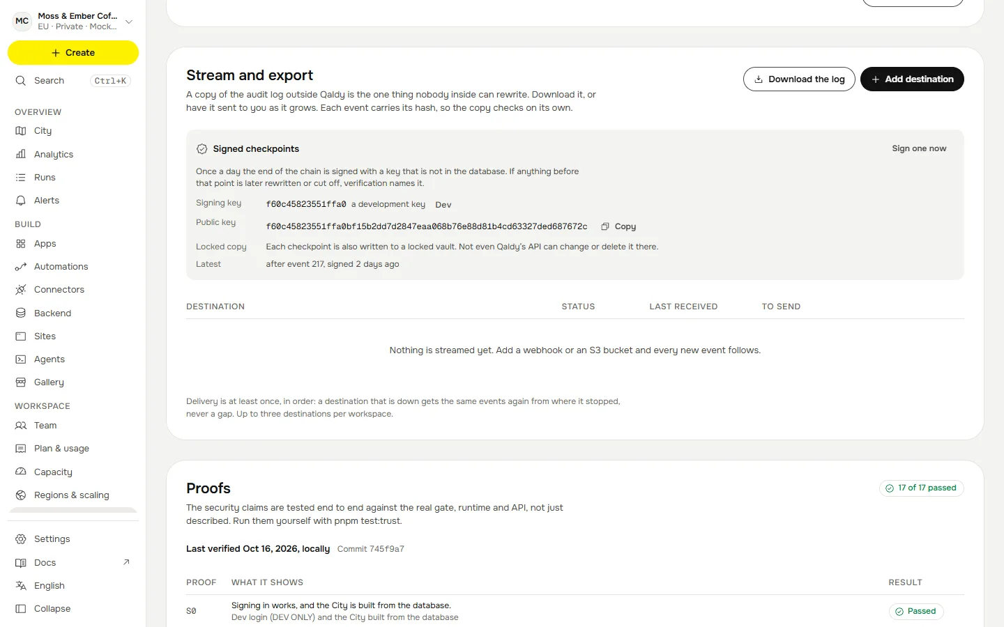 Stream and export on the Security screen: download the log, add an audit destination, and the signed checkpoints with their public key.